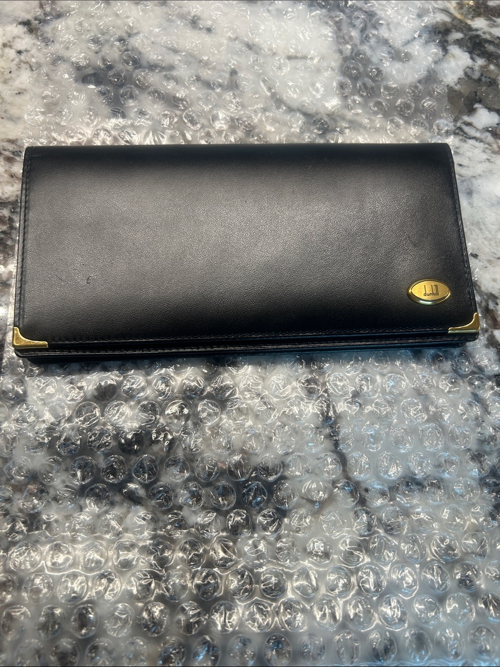 Dunhill Black Leather Wallet with Gold Plaque and Corner Trim like new